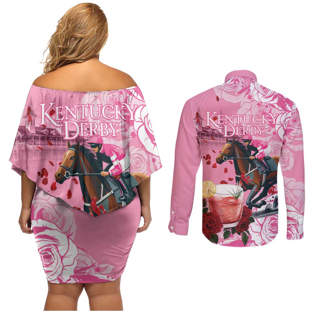 Kentucky Horse Racing Couples Matching Off Shoulder Short Dress and Long Sleeve Button Shirt Churchill Downs Derby Strawberry Mint Julep Cocktail