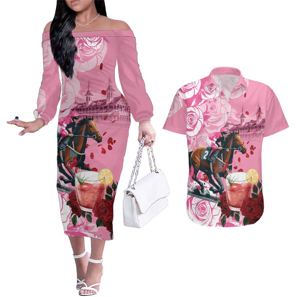Kentucky Horse Racing Couples Matching Off The Shoulder Long Sleeve Dress and Hawaiian Shirt Churchill Downs Derby Strawberry Mint Julep Cocktail