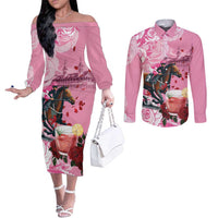 Kentucky Horse Racing Couples Matching Off The Shoulder Long Sleeve Dress and Long Sleeve Button Shirt Churchill Downs Derby Strawberry Mint Julep Cocktail