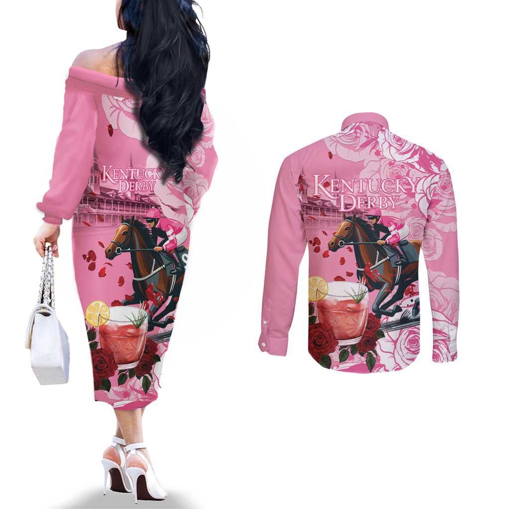 Kentucky Horse Racing Couples Matching Off The Shoulder Long Sleeve Dress and Long Sleeve Button Shirt Churchill Downs Derby Strawberry Mint Julep Cocktail