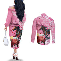 Kentucky Horse Racing Couples Matching Off The Shoulder Long Sleeve Dress and Long Sleeve Button Shirt Churchill Downs Derby Strawberry Mint Julep Cocktail