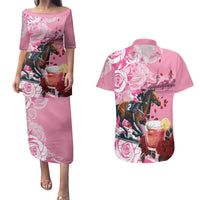 Kentucky Horse Racing Couples Matching Puletasi and Hawaiian Shirt Churchill Downs Derby Strawberry Mint Julep Cocktail