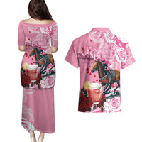 Kentucky Horse Racing Couples Matching Puletasi and Hawaiian Shirt Churchill Downs Derby Strawberry Mint Julep Cocktail
