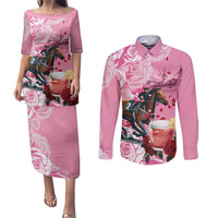 Kentucky Horse Racing Couples Matching Puletasi and Long Sleeve Button Shirt Churchill Downs Derby Strawberry Mint Julep Cocktail