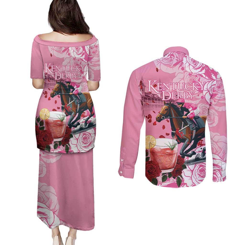Kentucky Horse Racing Couples Matching Puletasi and Long Sleeve Button Shirt Churchill Downs Derby Strawberry Mint Julep Cocktail