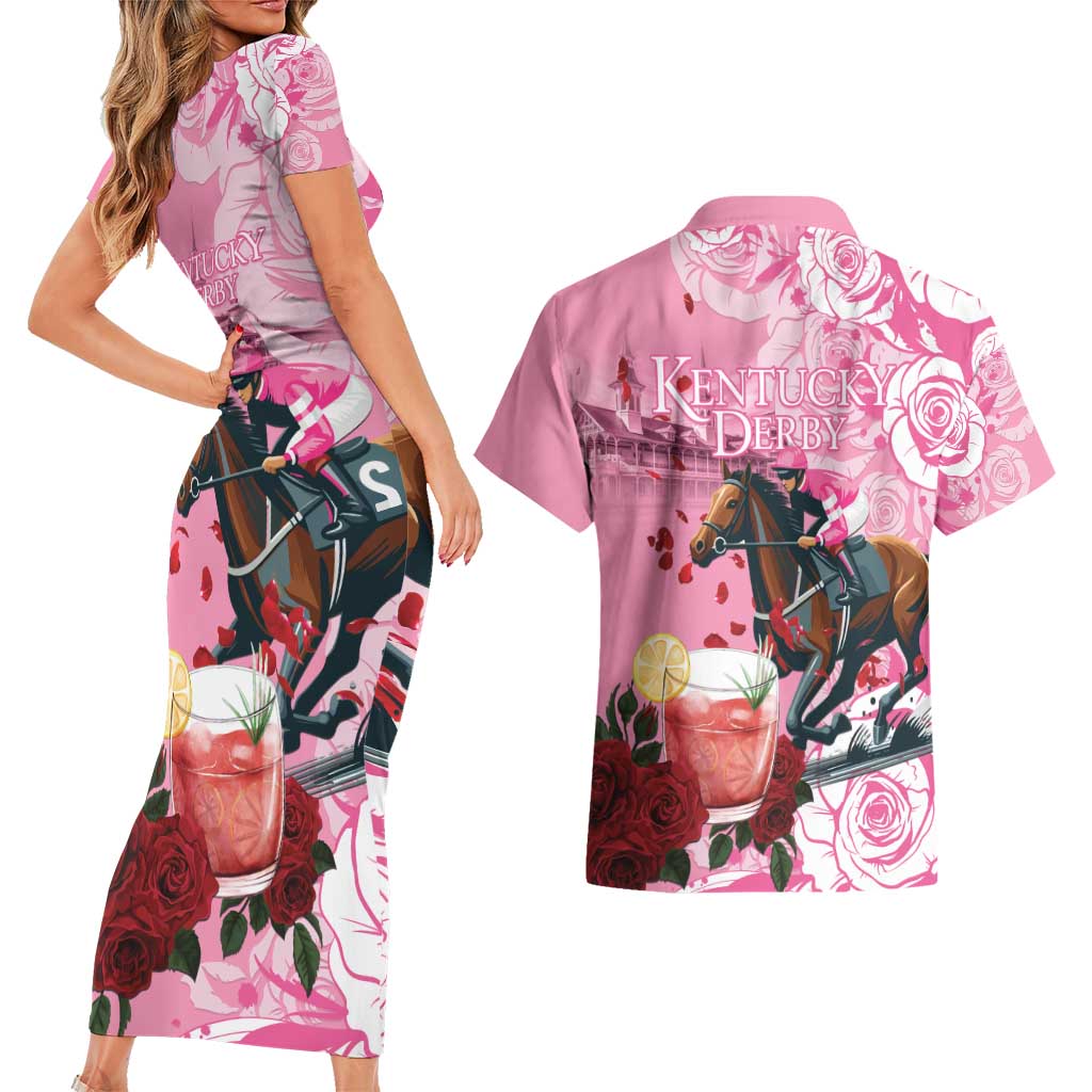 Kentucky Horse Racing Couples Matching Short Sleeve Bodycon Dress and Hawaiian Shirt Churchill Downs Derby Strawberry Mint Julep Cocktail