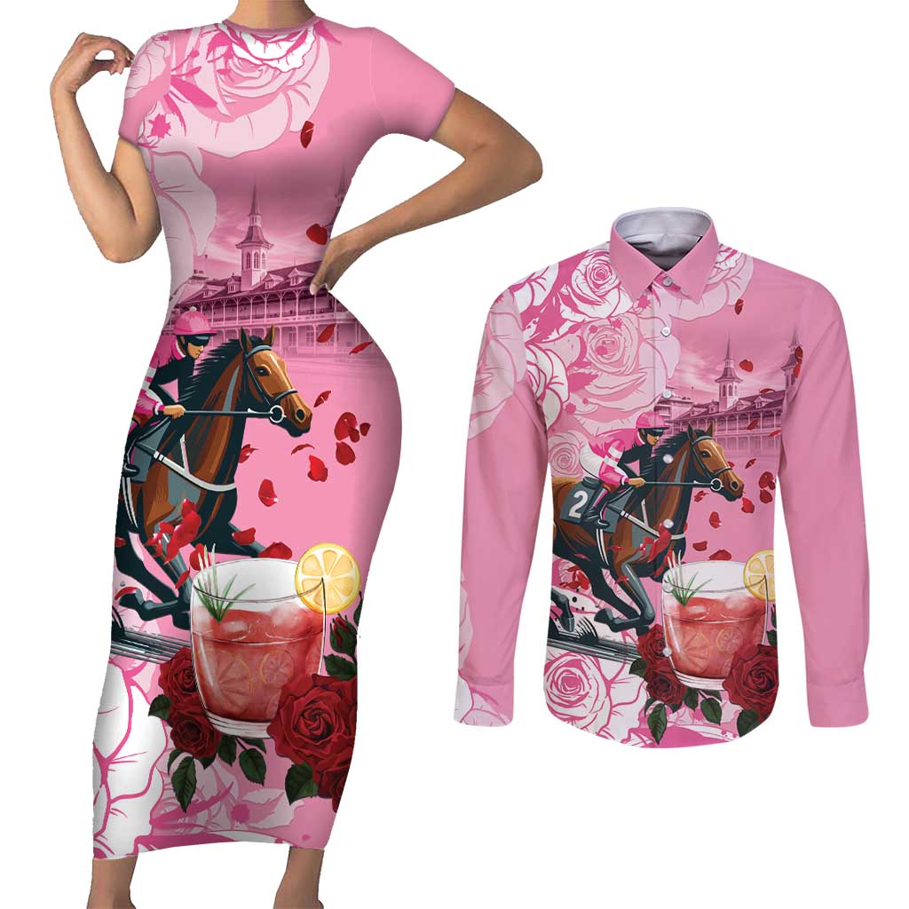 Kentucky Horse Racing Couples Matching Short Sleeve Bodycon Dress and Long Sleeve Button Shirt Churchill Downs Derby Strawberry Mint Julep Cocktail
