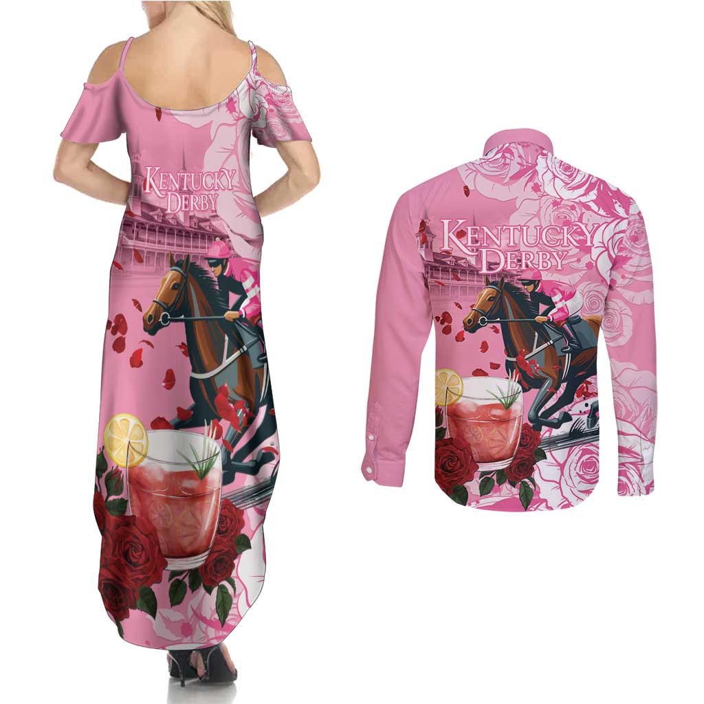 Kentucky Horse Racing Couples Matching Summer Maxi Dress and Long Sleeve Button Shirt Churchill Downs Derby Strawberry Mint Julep Cocktail