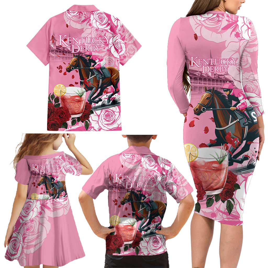 Kentucky Horse Racing Family Matching Long Sleeve Bodycon Dress and Hawaiian Shirt Churchill Downs Derby Strawberry Mint Julep Cocktail