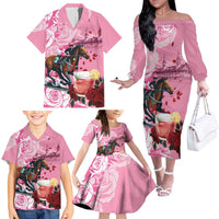 Kentucky Horse Racing Family Matching Off The Shoulder Long Sleeve Dress and Hawaiian Shirt Churchill Downs Derby Strawberry Mint Julep Cocktail