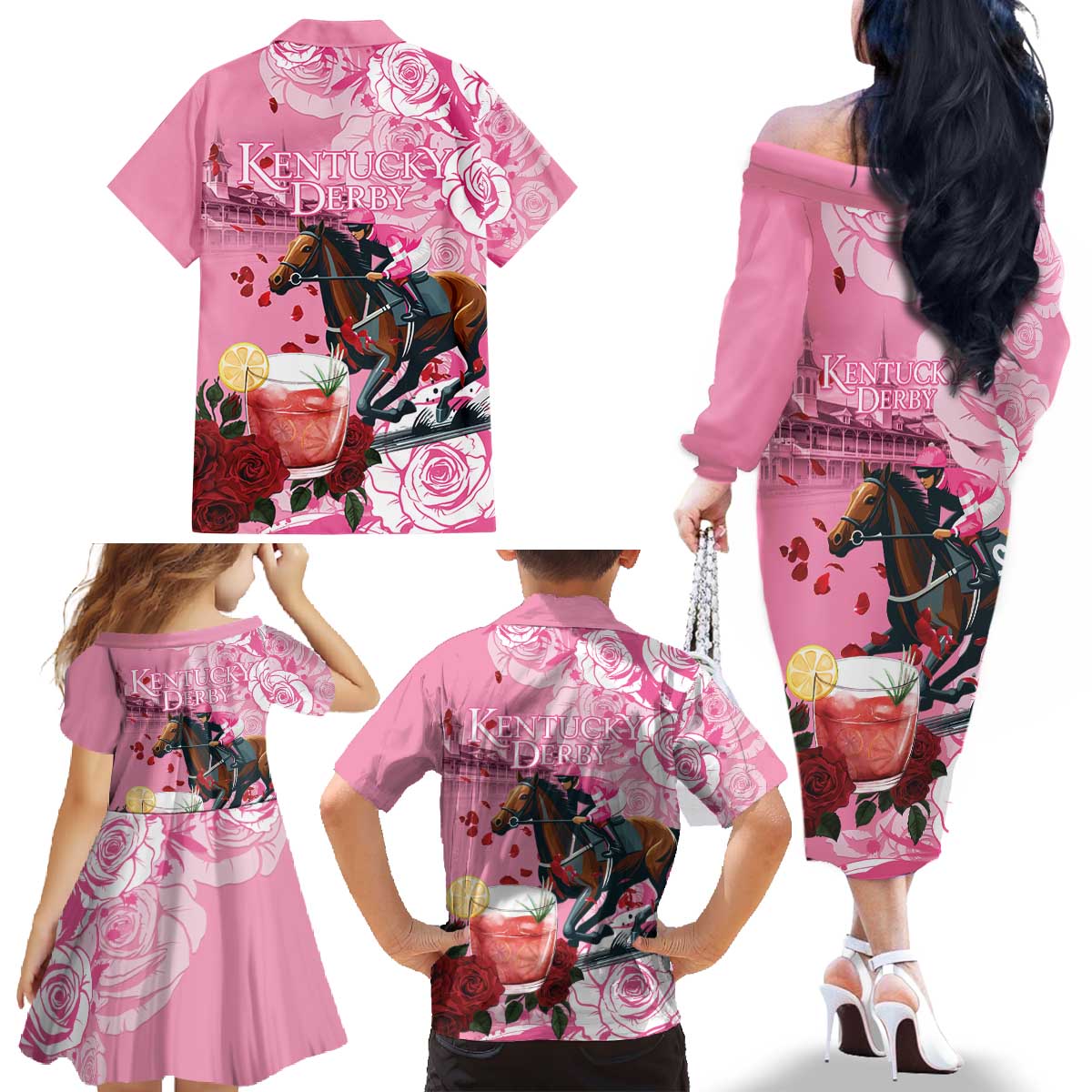 Kentucky Horse Racing Family Matching Off The Shoulder Long Sleeve Dress and Hawaiian Shirt Churchill Downs Derby Strawberry Mint Julep Cocktail