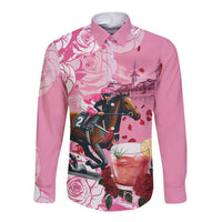 Kentucky Horse Racing Long Sleeve Button Shirt Churchill Downs Derby Strawberry Mint Julep Cocktail