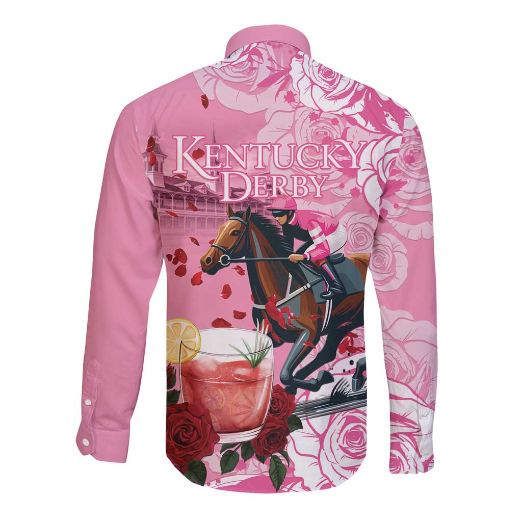 Kentucky Horse Racing Long Sleeve Button Shirt Churchill Downs Derby Strawberry Mint Julep Cocktail
