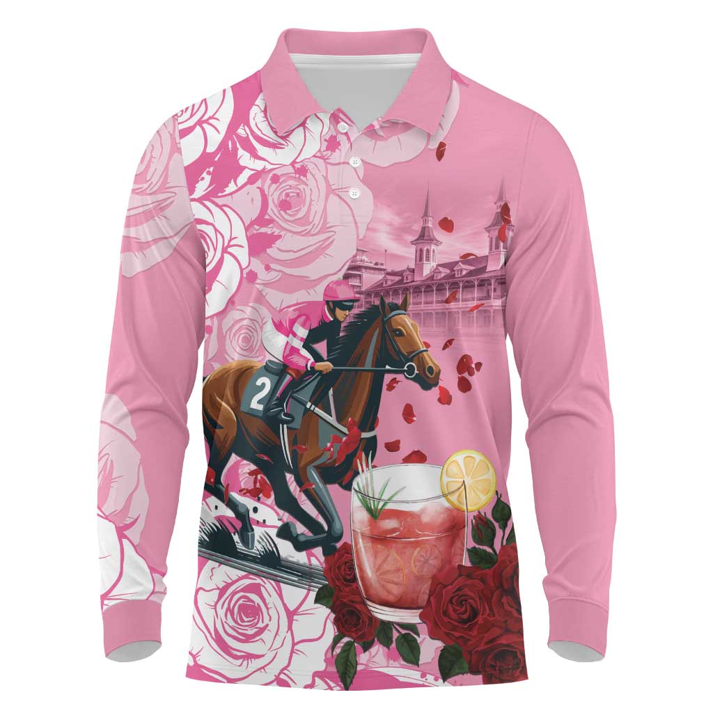 Kentucky Horse Racing Long Sleeve Polo Shirt Churchill Downs Derby Strawberry Mint Julep Cocktail