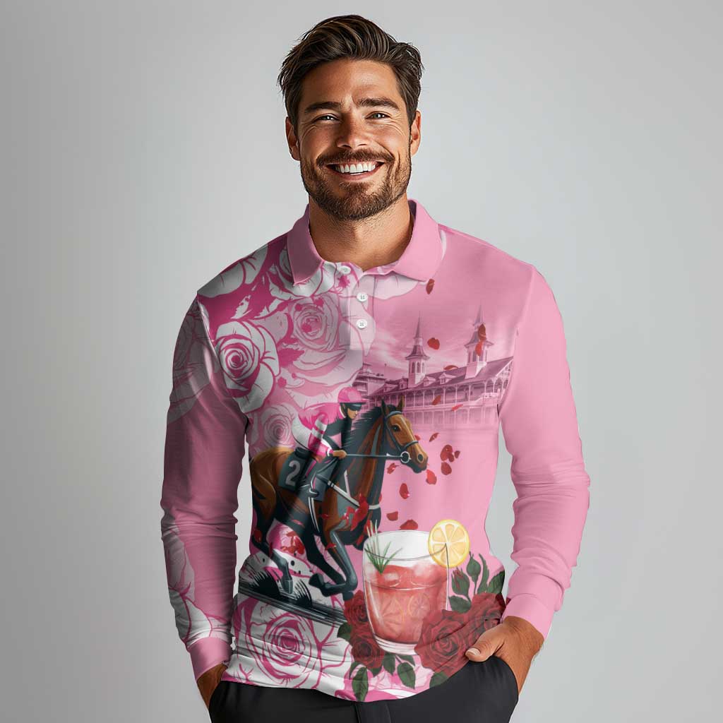Kentucky Horse Racing Long Sleeve Polo Shirt Churchill Downs Derby Strawberry Mint Julep Cocktail