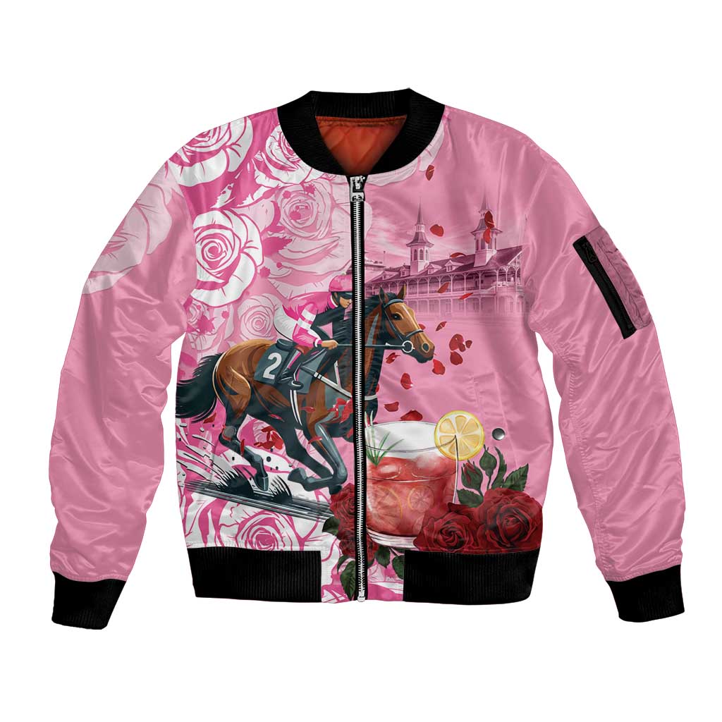 Kentucky Horse Racing Sleeve Zip Bomber Jacket Churchill Downs Derby Strawberry Mint Julep Cocktail