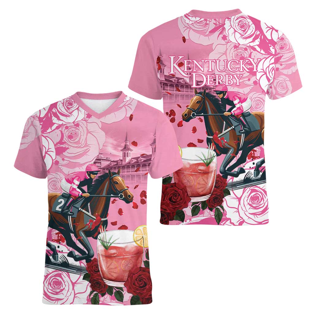 Kentucky Horse Racing Women V-Neck T-Shirt Churchill Downs Derby Strawberry Mint Julep Cocktail