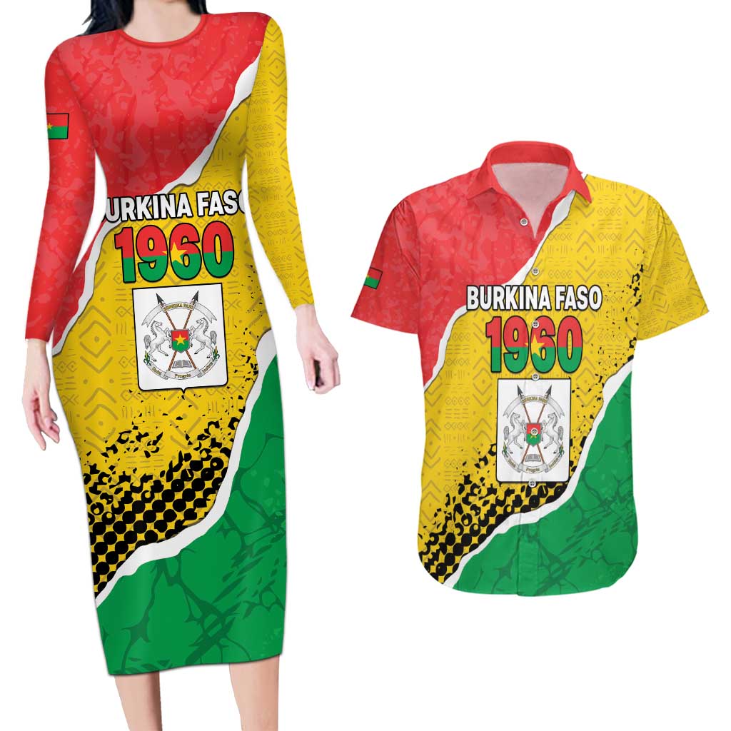 Personalized Burkina Faso Independence Day Couples Matching Long Sleeve Bodycon Dress and Hawaiian Shirt Coat Of Arms - Grunge Style - Wonder Print Shop