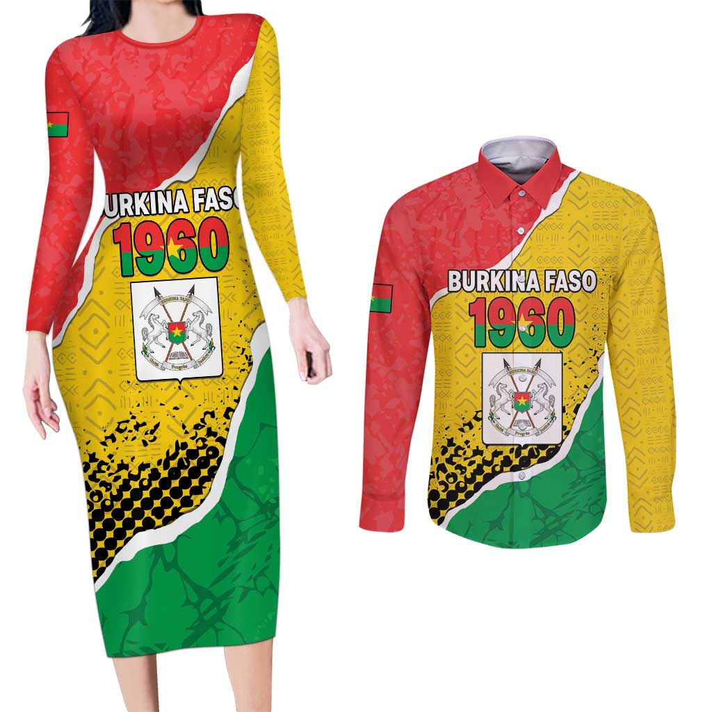 Personalized Burkina Faso Independence Day Couples Matching Long Sleeve Bodycon Dress and Long Sleeve Button Shirt Coat Of Arms - Grunge Style - Wonder Print Shop