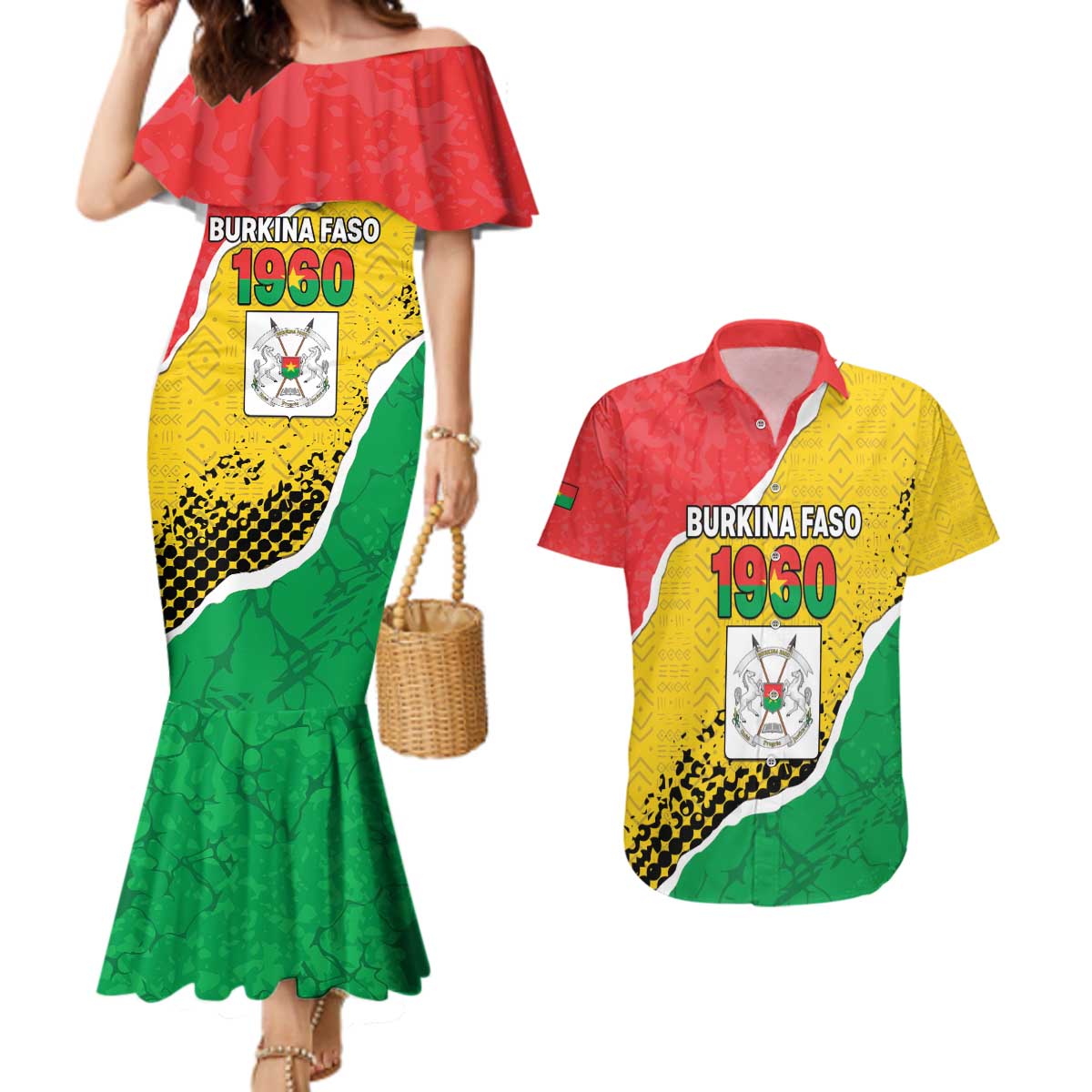 Personalized Burkina Faso Independence Day Couples Matching Mermaid Dress and Hawaiian Shirt Coat Of Arms - Grunge Style - Wonder Print Shop