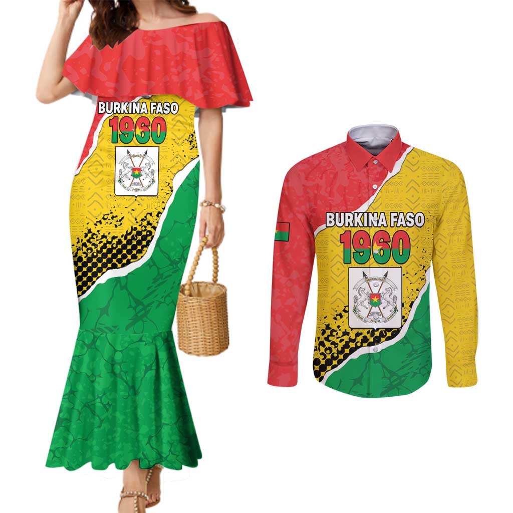 Personalized Burkina Faso Independence Day Couples Matching Mermaid Dress and Long Sleeve Button Shirt Coat Of Arms - Grunge Style - Wonder Print Shop