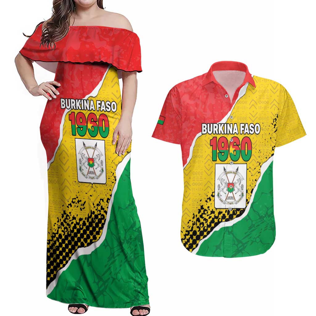 Personalized Burkina Faso Independence Day Couples Matching Off Shoulder Maxi Dress and Hawaiian Shirt Coat Of Arms - Grunge Style - Wonder Print Shop