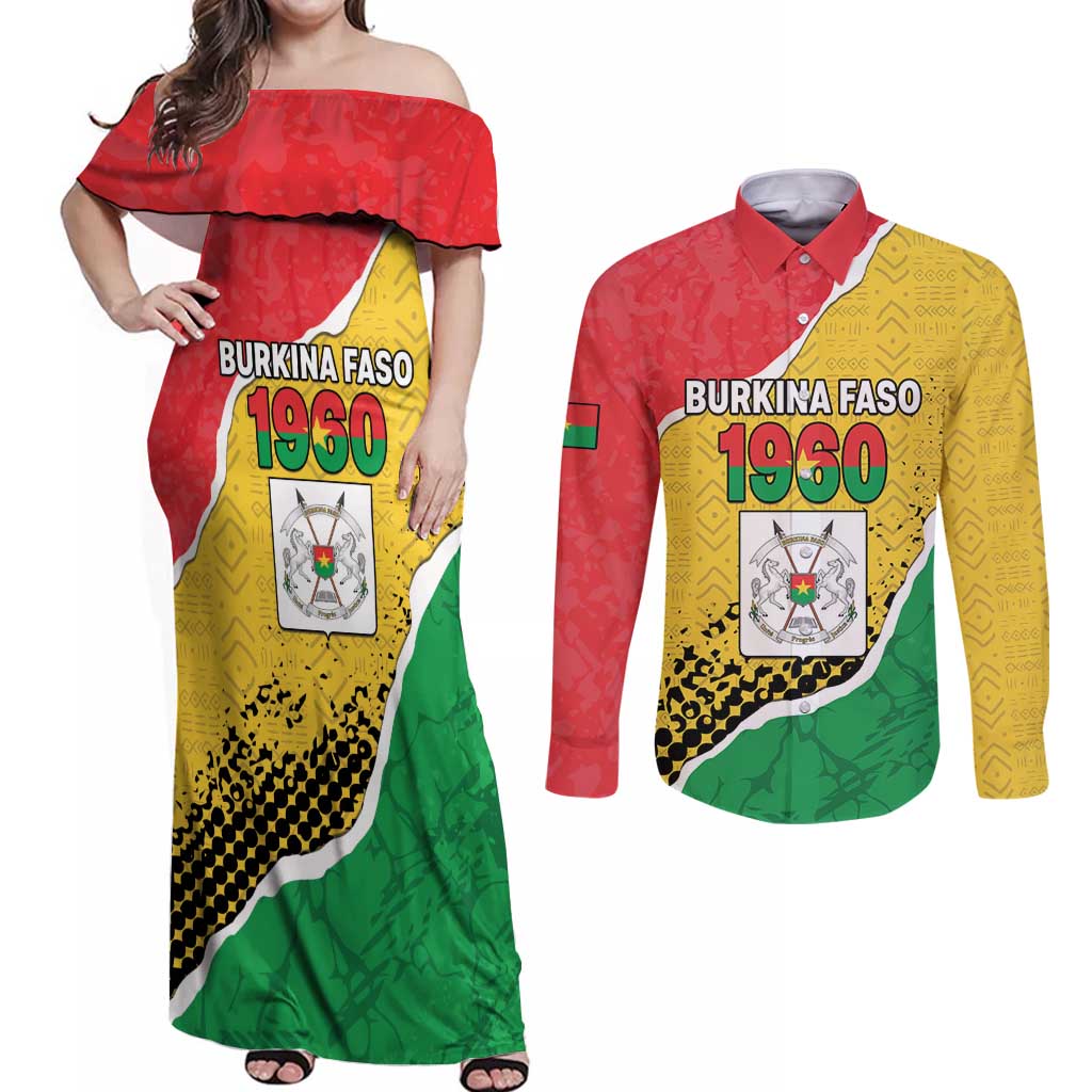 Personalized Burkina Faso Independence Day Couples Matching Off Shoulder Maxi Dress and Long Sleeve Button Shirt Coat Of Arms - Grunge Style - Wonder Print Shop