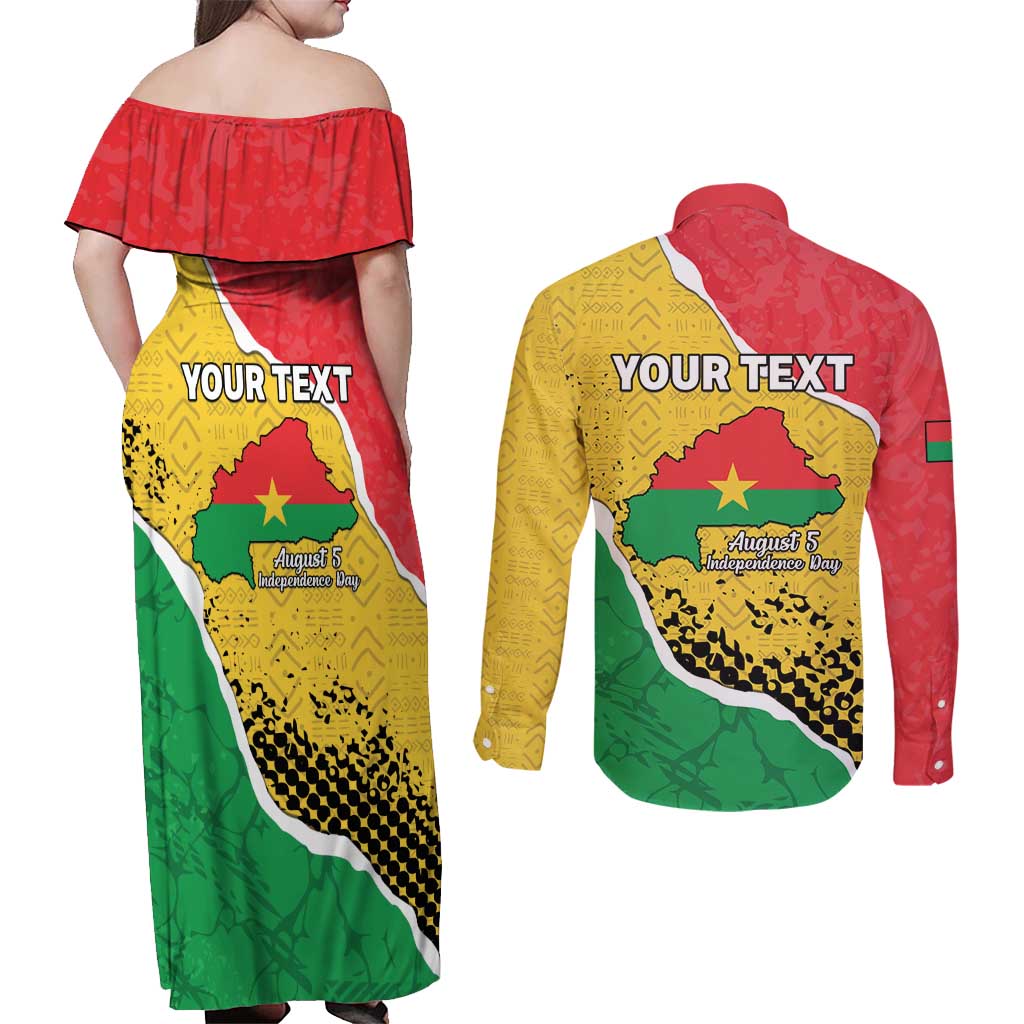 Personalized Burkina Faso Independence Day Couples Matching Off Shoulder Maxi Dress and Long Sleeve Button Shirt Coat Of Arms - Grunge Style - Wonder Print Shop