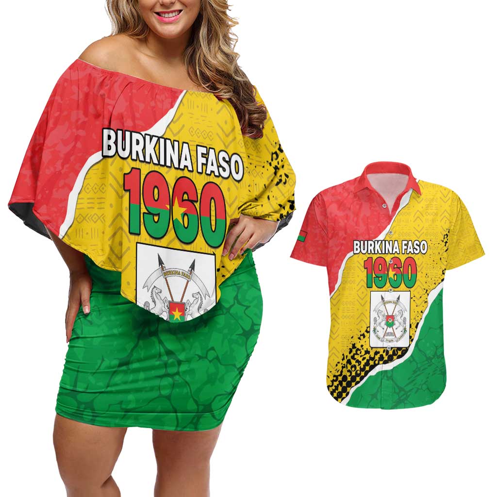 Personalized Burkina Faso Independence Day Couples Matching Off Shoulder Short Dress and Hawaiian Shirt Coat Of Arms - Grunge Style - Wonder Print Shop