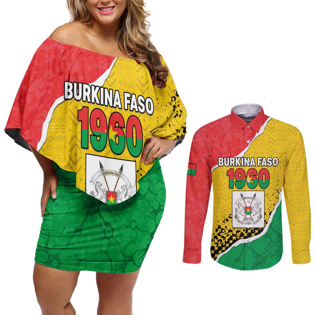 Personalized Burkina Faso Independence Day Couples Matching Off Shoulder Short Dress and Long Sleeve Button Shirt Coat Of Arms - Grunge Style - Wonder Print Shop