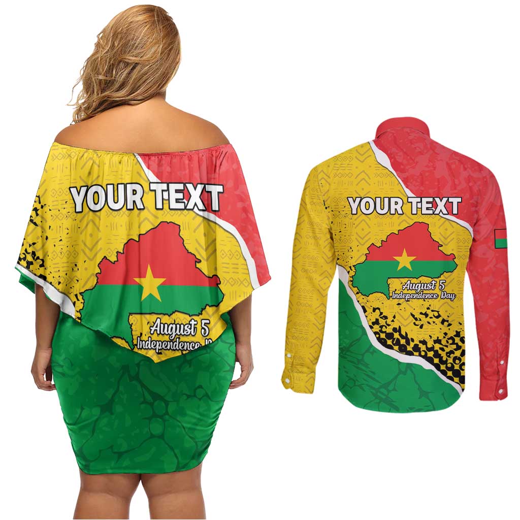 Personalized Burkina Faso Independence Day Couples Matching Off Shoulder Short Dress and Long Sleeve Button Shirt Coat Of Arms - Grunge Style - Wonder Print Shop