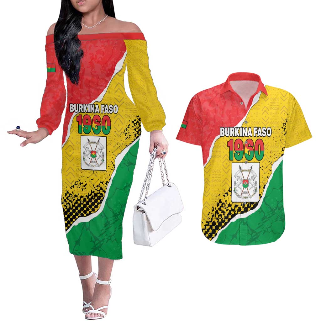 Personalized Burkina Faso Independence Day Couples Matching Off The Shoulder Long Sleeve Dress and Hawaiian Shirt Coat Of Arms - Grunge Style - Wonder Print Shop