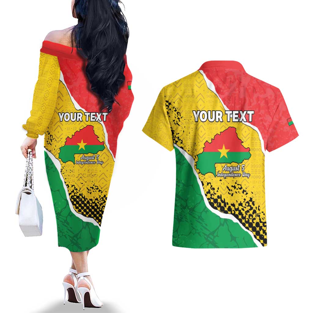 Personalized Burkina Faso Independence Day Couples Matching Off The Shoulder Long Sleeve Dress and Hawaiian Shirt Coat Of Arms - Grunge Style - Wonder Print Shop