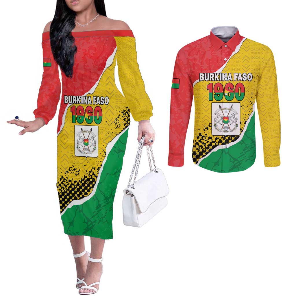 Personalized Burkina Faso Independence Day Couples Matching Off The Shoulder Long Sleeve Dress and Long Sleeve Button Shirt Coat Of Arms - Grunge Style - Wonder Print Shop