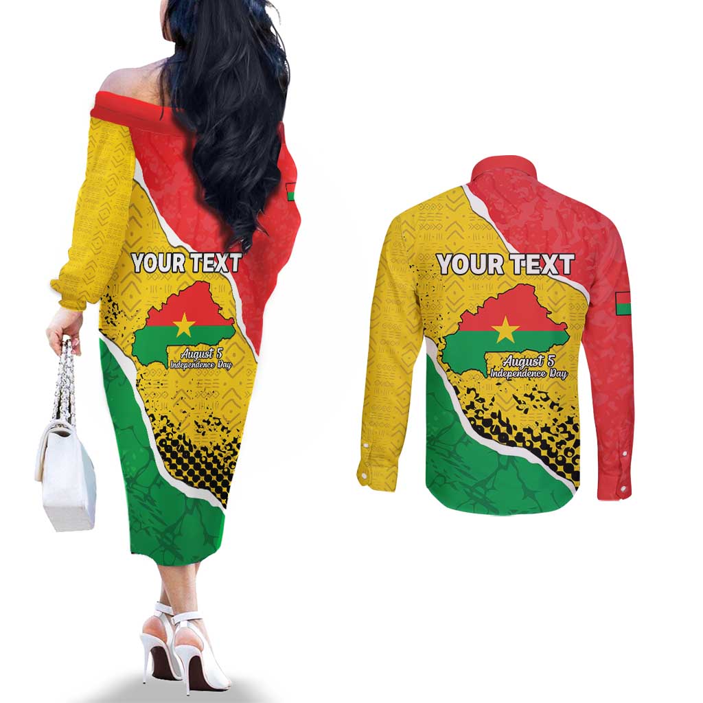 Personalized Burkina Faso Independence Day Couples Matching Off The Shoulder Long Sleeve Dress and Long Sleeve Button Shirt Coat Of Arms - Grunge Style - Wonder Print Shop