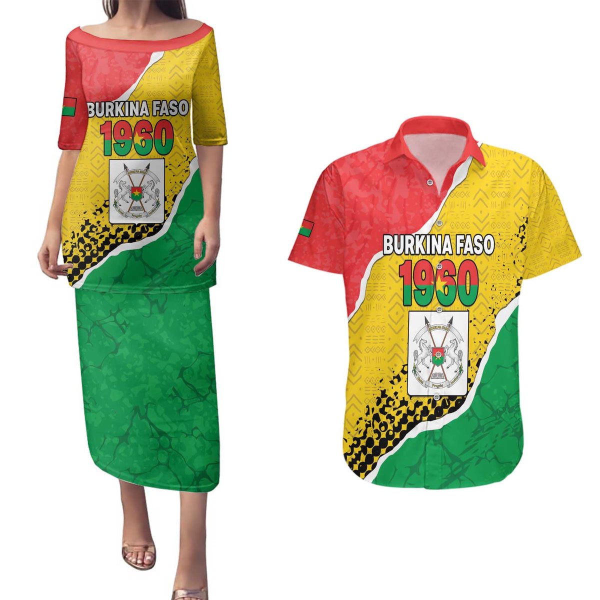Personalized Burkina Faso Independence Day Couples Matching Puletasi and Hawaiian Shirt Coat Of Arms - Grunge Style - Wonder Print Shop