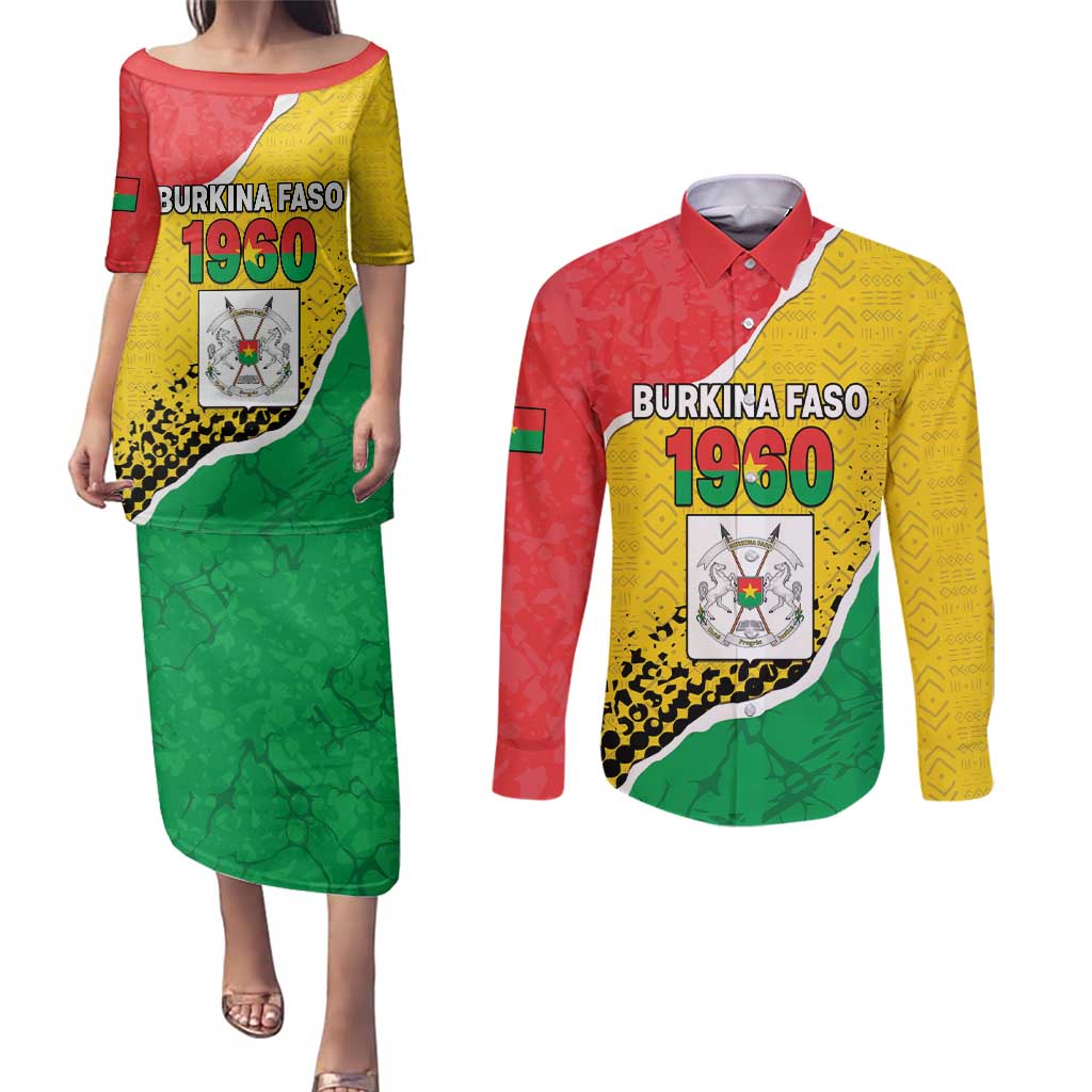 Personalized Burkina Faso Independence Day Couples Matching Puletasi and Long Sleeve Button Shirt Coat Of Arms - Grunge Style - Wonder Print Shop