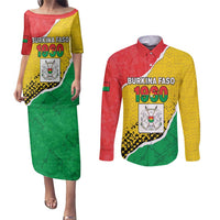 Personalized Burkina Faso Independence Day Couples Matching Puletasi and Long Sleeve Button Shirt Coat Of Arms - Grunge Style - Wonder Print Shop