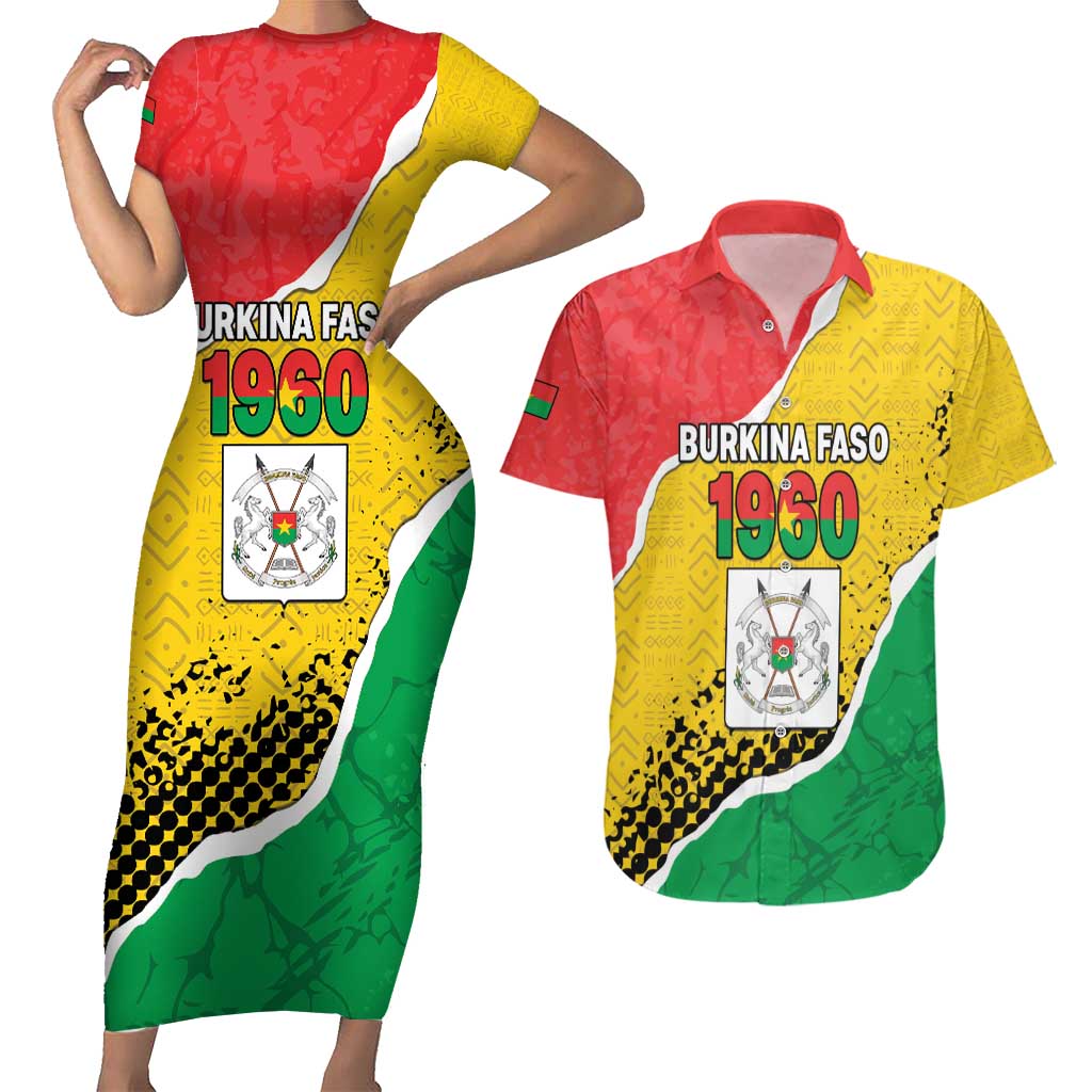 Personalized Burkina Faso Independence Day Couples Matching Short Sleeve Bodycon Dress and Hawaiian Shirt Coat Of Arms - Grunge Style - Wonder Print Shop