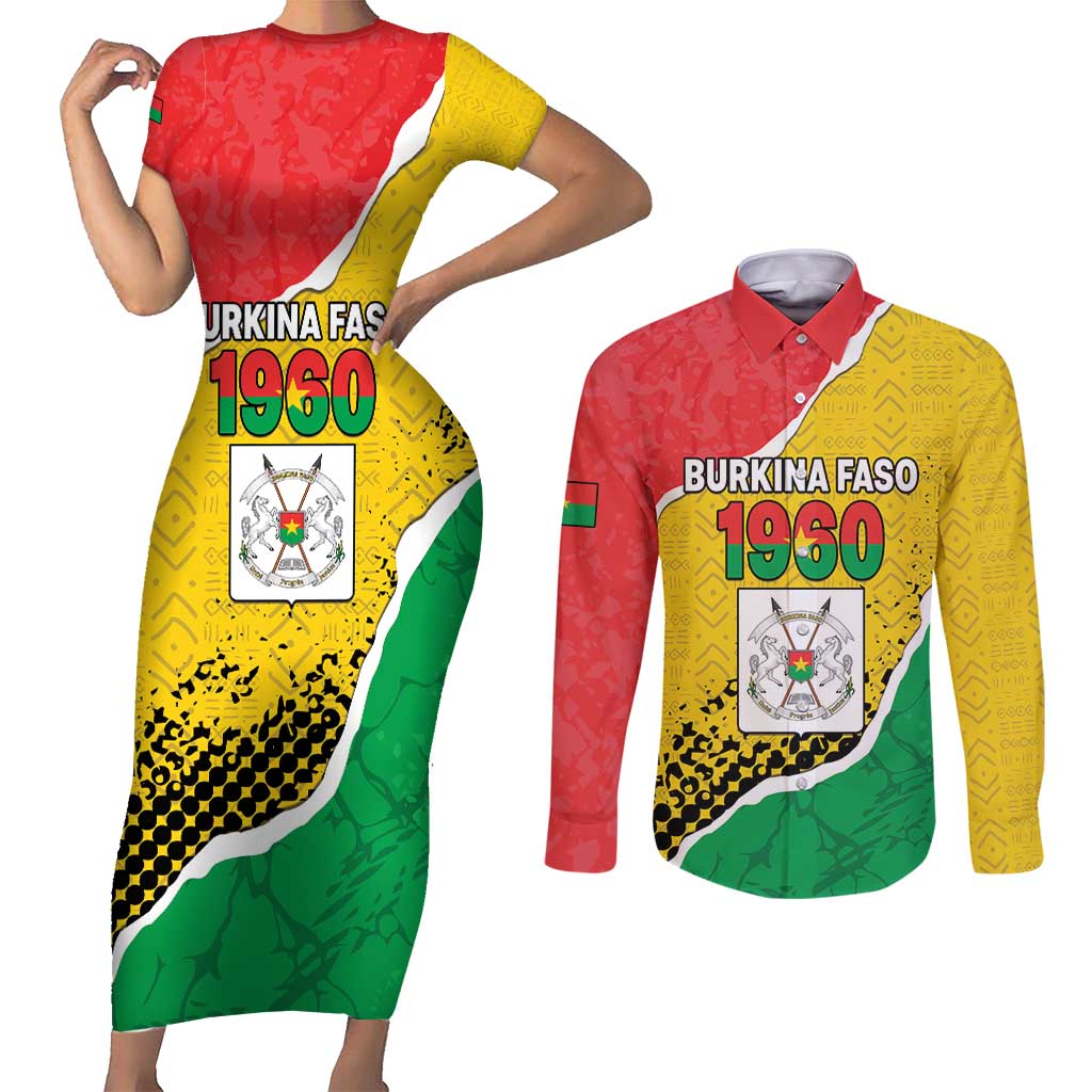 Personalized Burkina Faso Independence Day Couples Matching Short Sleeve Bodycon Dress and Long Sleeve Button Shirt Coat Of Arms - Grunge Style - Wonder Print Shop