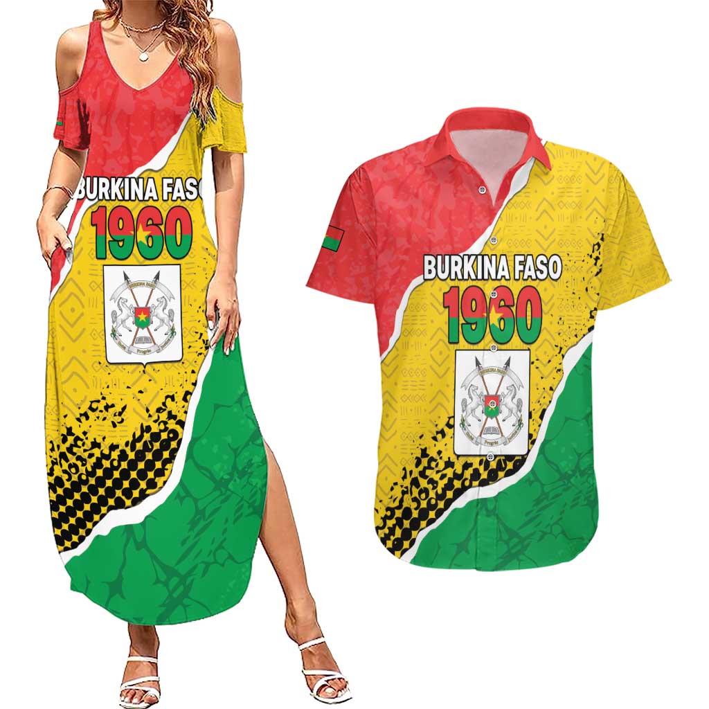Personalized Burkina Faso Independence Day Couples Matching Summer Maxi Dress and Hawaiian Shirt Coat Of Arms - Grunge Style - Wonder Print Shop