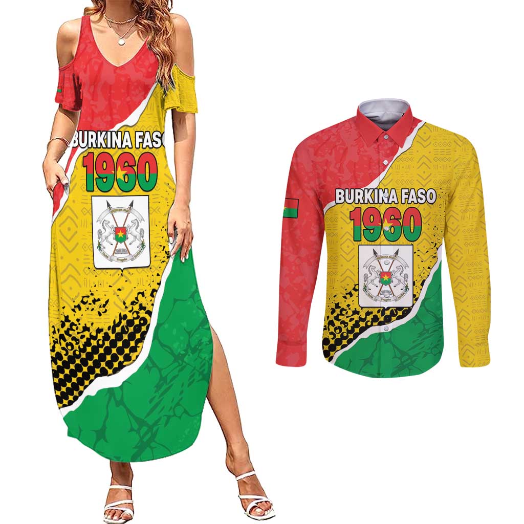 Personalized Burkina Faso Independence Day Couples Matching Summer Maxi Dress and Long Sleeve Button Shirt Coat Of Arms - Grunge Style - Wonder Print Shop