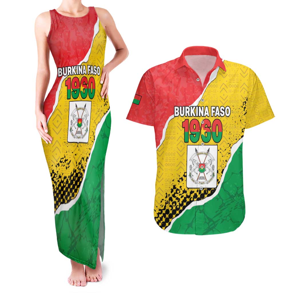 Personalized Burkina Faso Independence Day Couples Matching Tank Maxi Dress and Hawaiian Shirt Coat Of Arms - Grunge Style - Wonder Print Shop