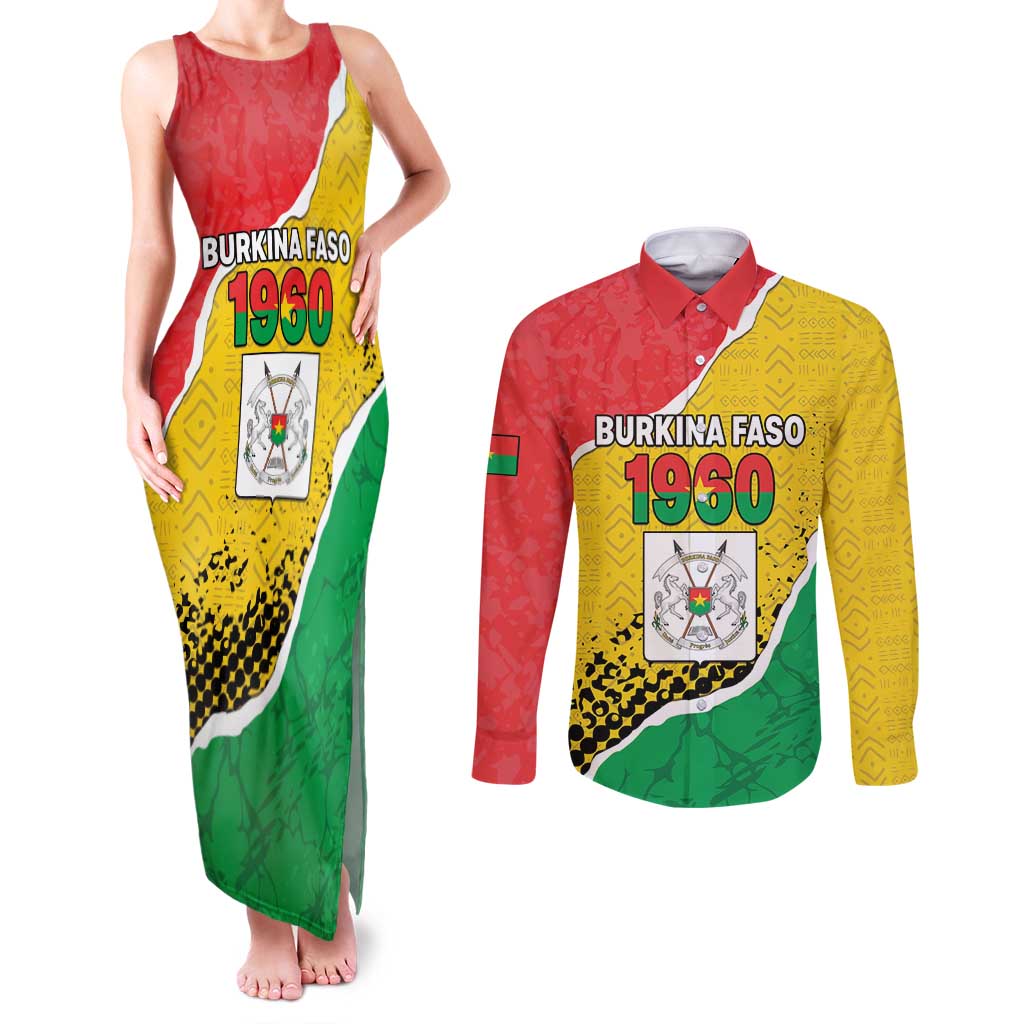 Personalized Burkina Faso Independence Day Couples Matching Tank Maxi Dress and Long Sleeve Button Shirt Coat Of Arms - Grunge Style - Wonder Print Shop