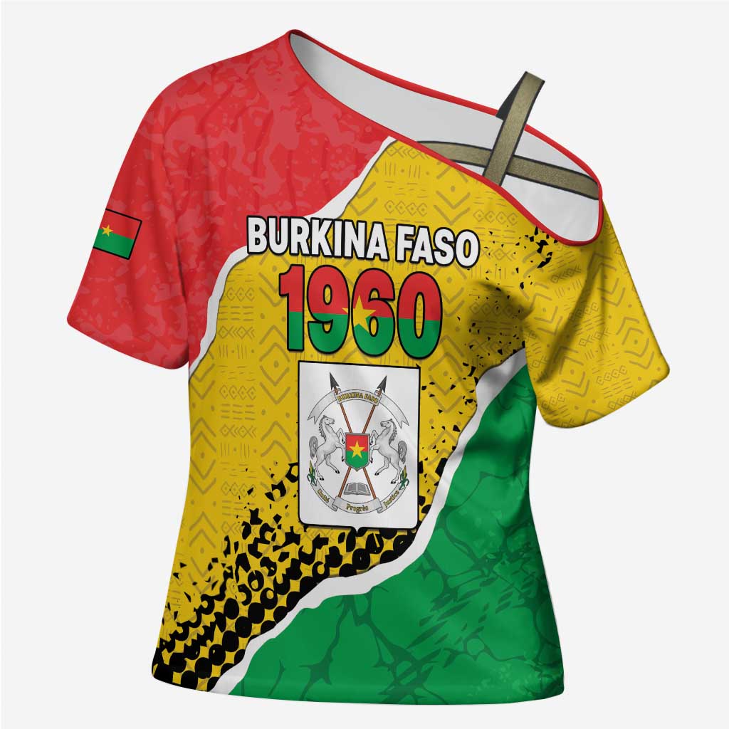 Personalized Burkina Faso Independence Day Cross Shoulder Shirt Coat Of Arms - Grunge Style - Wonder Print Shop