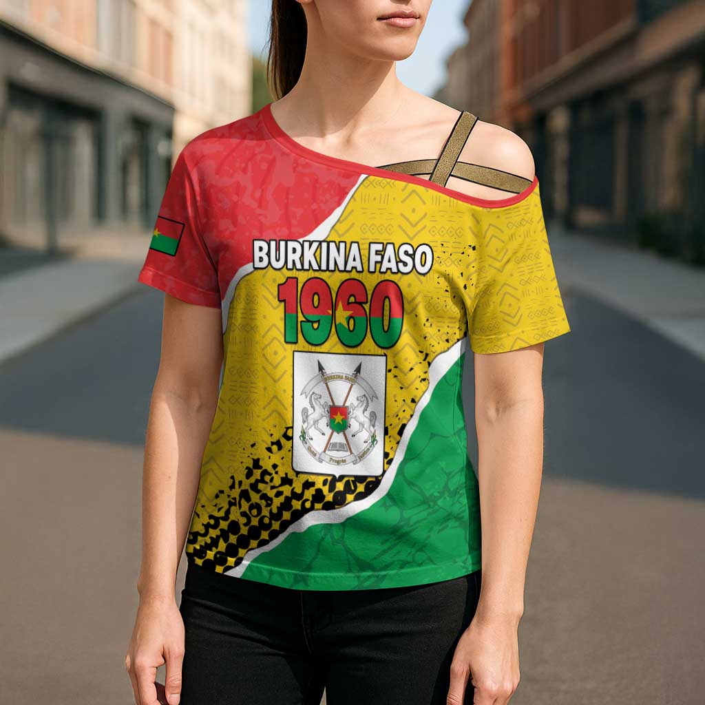 Personalized Burkina Faso Independence Day Cross Shoulder Shirt Coat Of Arms - Grunge Style - Wonder Print Shop