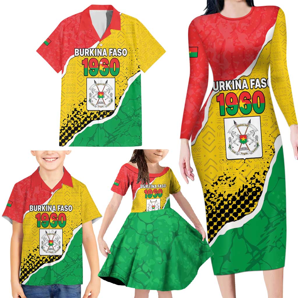 Personalized Burkina Faso Independence Day Family Matching Long Sleeve Bodycon Dress and Hawaiian Shirt Coat Of Arms - Grunge Style - Wonder Print Shop