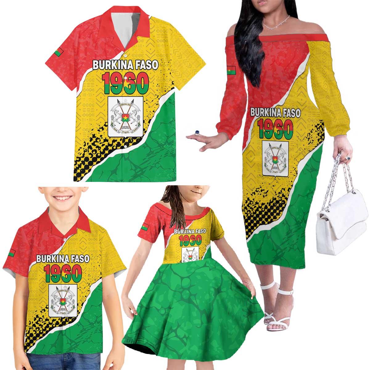 Personalized Burkina Faso Independence Day Family Matching Off The Shoulder Long Sleeve Dress and Hawaiian Shirt Coat Of Arms - Grunge Style - Wonder Print Shop