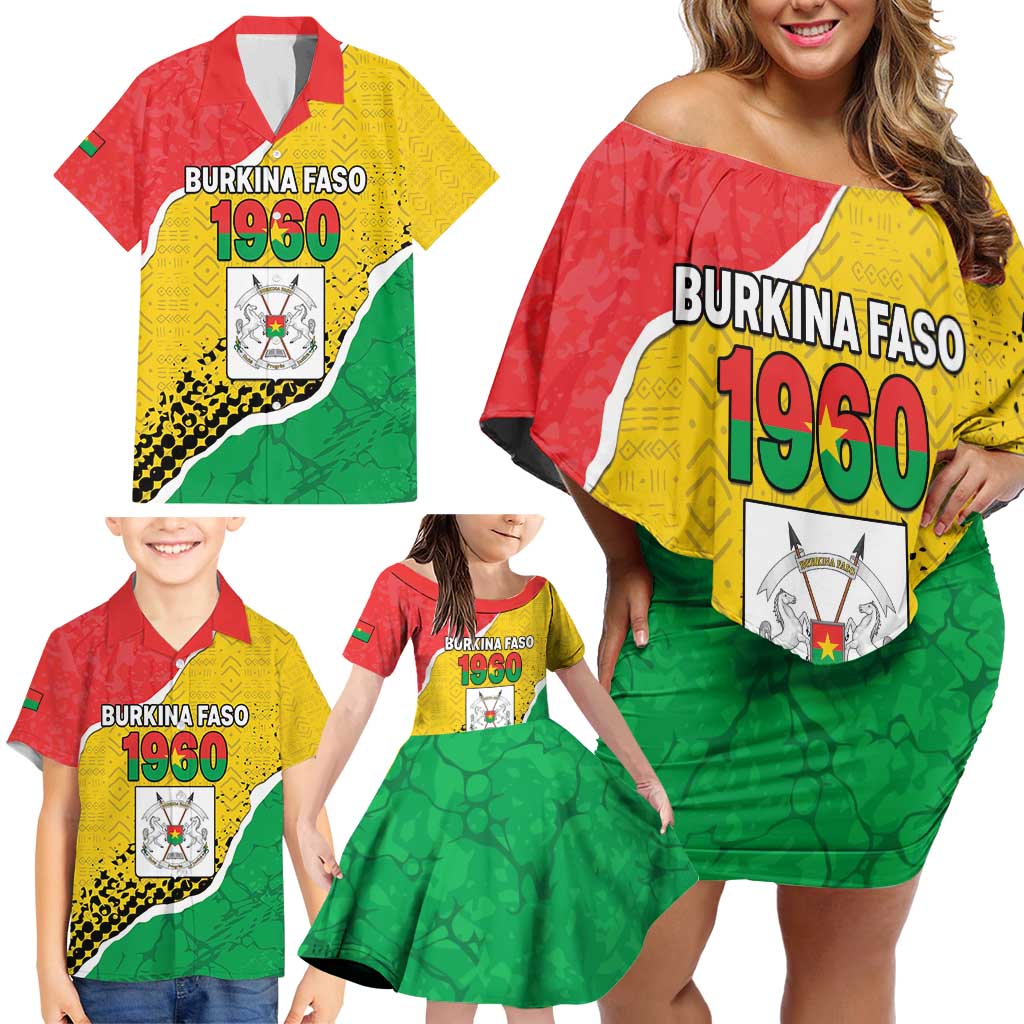 Personalized Burkina Faso Independence Day Family Matching Off Shoulder Short Dress and Hawaiian Shirt Coat Of Arms - Grunge Style - Wonder Print Shop