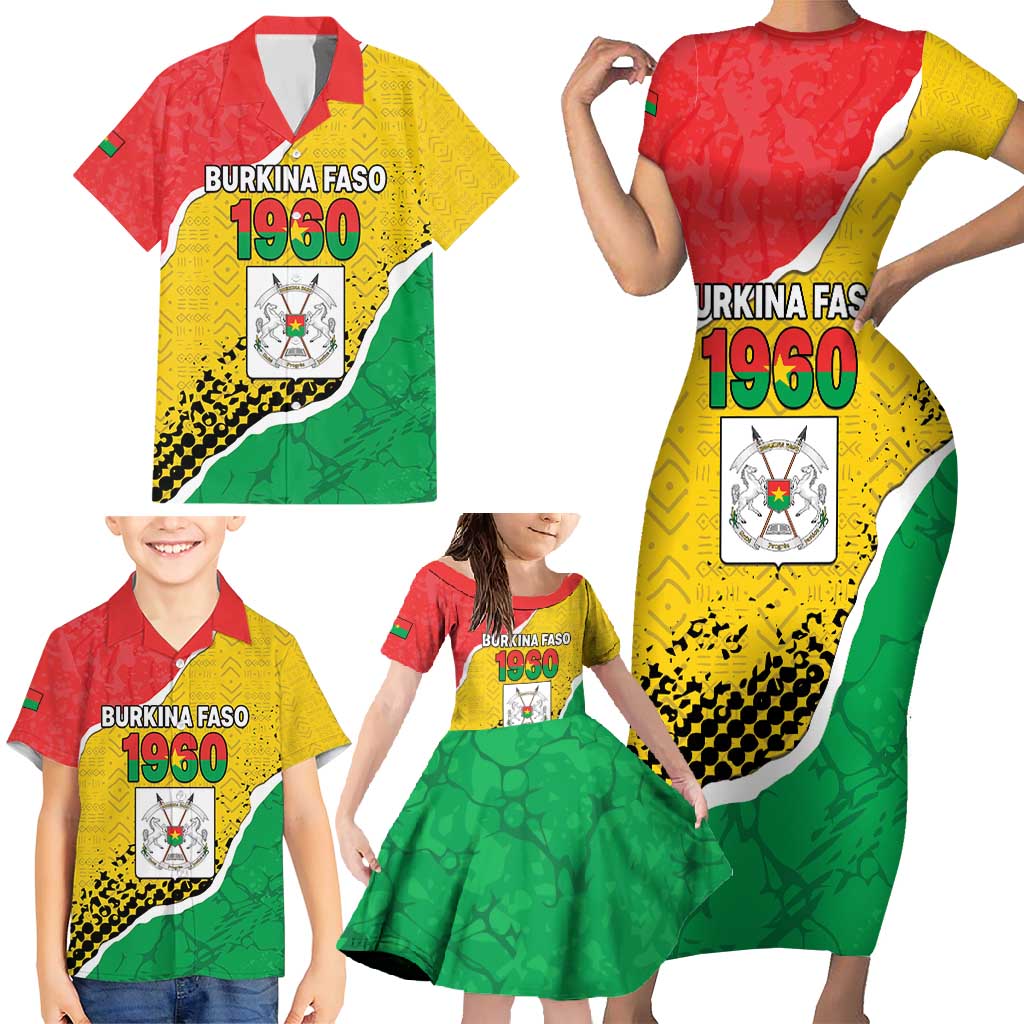 Personalized Burkina Faso Independence Day Family Matching Short Sleeve Bodycon Dress and Hawaiian Shirt Coat Of Arms - Grunge Style - Wonder Print Shop
